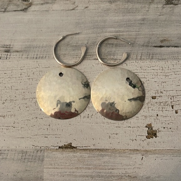 DDD Silver Hammered Disc Drop Earrings. - Picture 5 of 5
